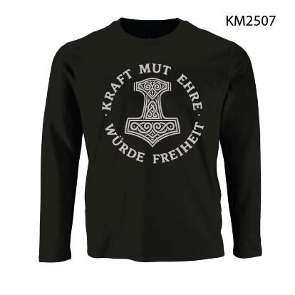 „Kraft Mut Ehre Würde Freiheit“ – Motiv Thorhammer Langarmshirt schwarz